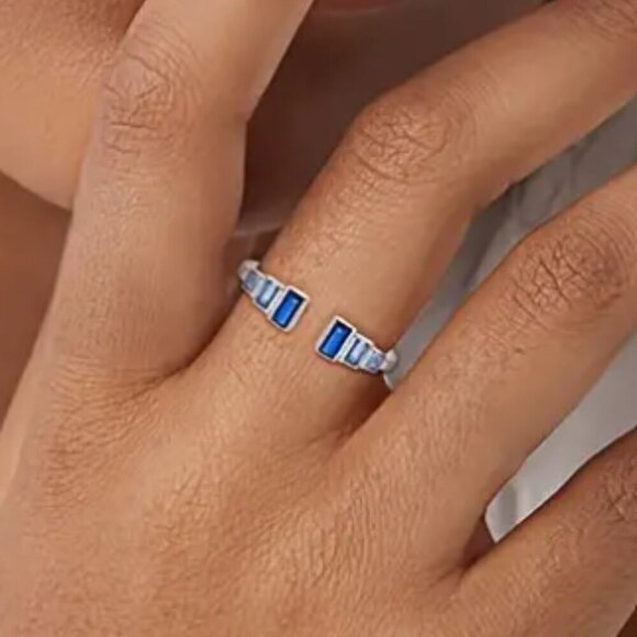 Modern Sapphire Stones Sterling Silver Sz 7 Adjustable Open Top Cuff Ring NWT - Picture 5 of 5